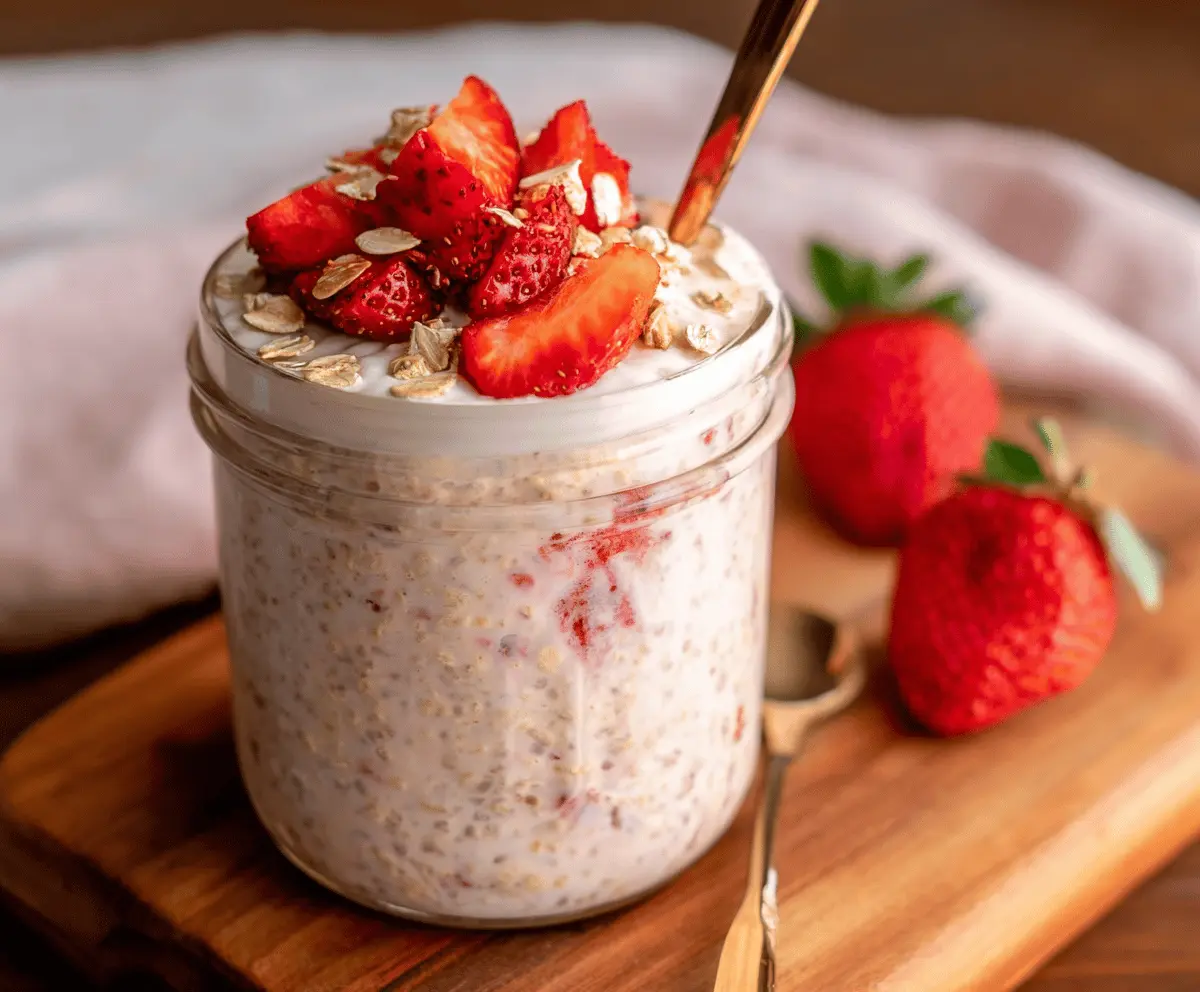 Delicious strawberry overnight oats in a glass jar topped with fresh strawberries and chia seeds.
