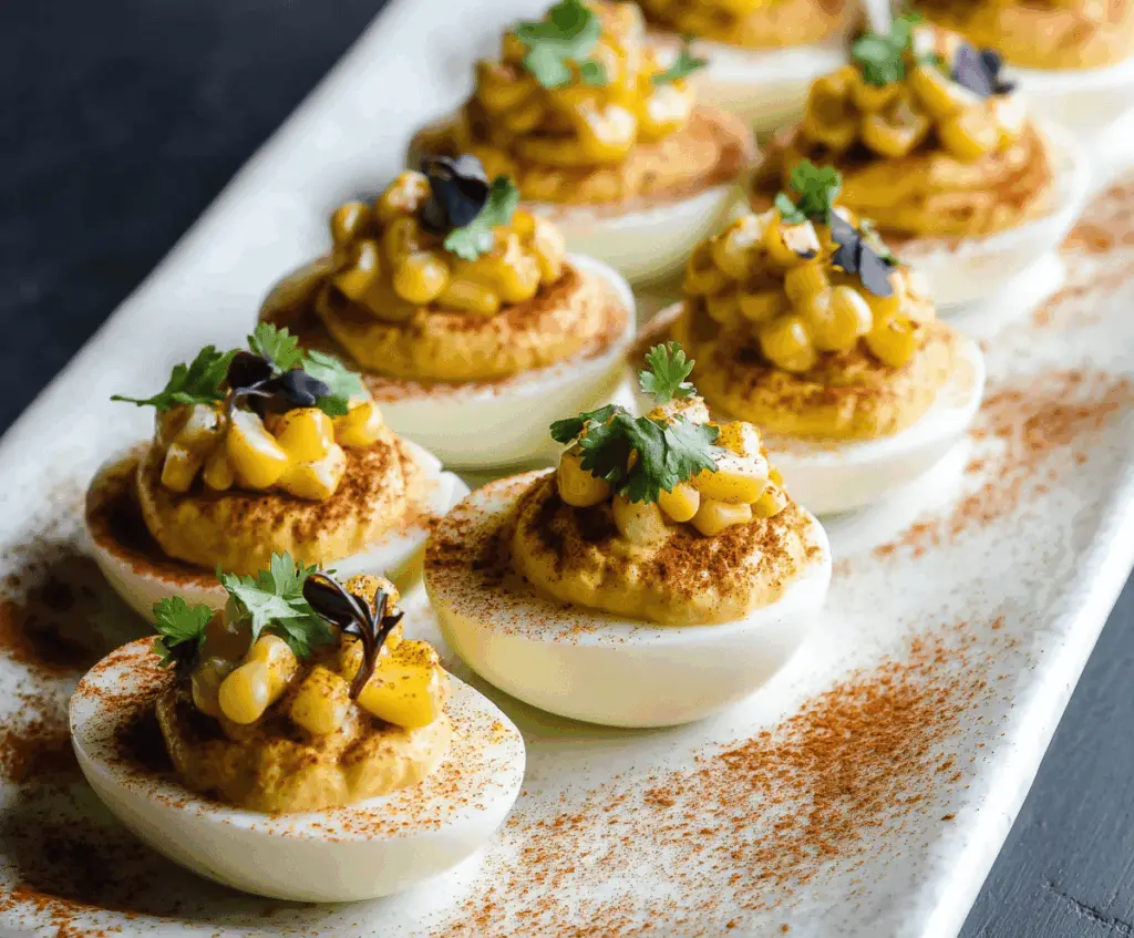 Street Corn Deviled Eggs garnished with fresh herbs and crumbled cheese.