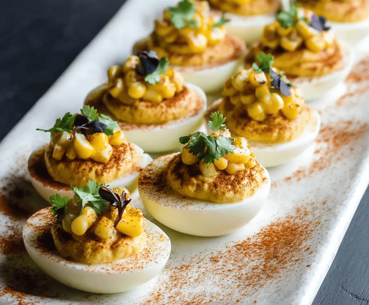 Street Corn Deviled Eggs garnished with fresh herbs and crumbled cheese.