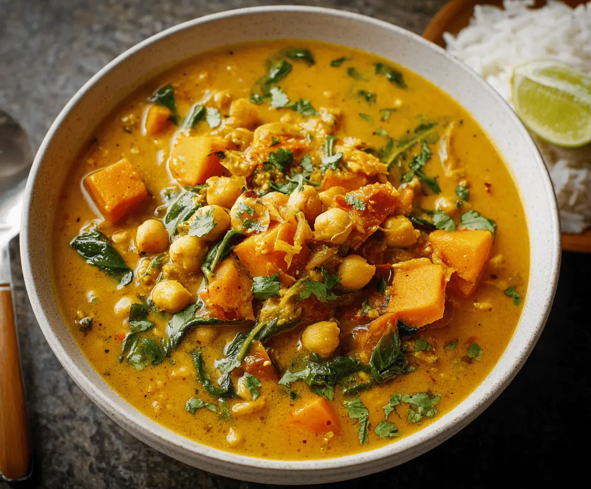 Hearty sweet potato chickpea curry soup in a bowl with fresh herbs on top.