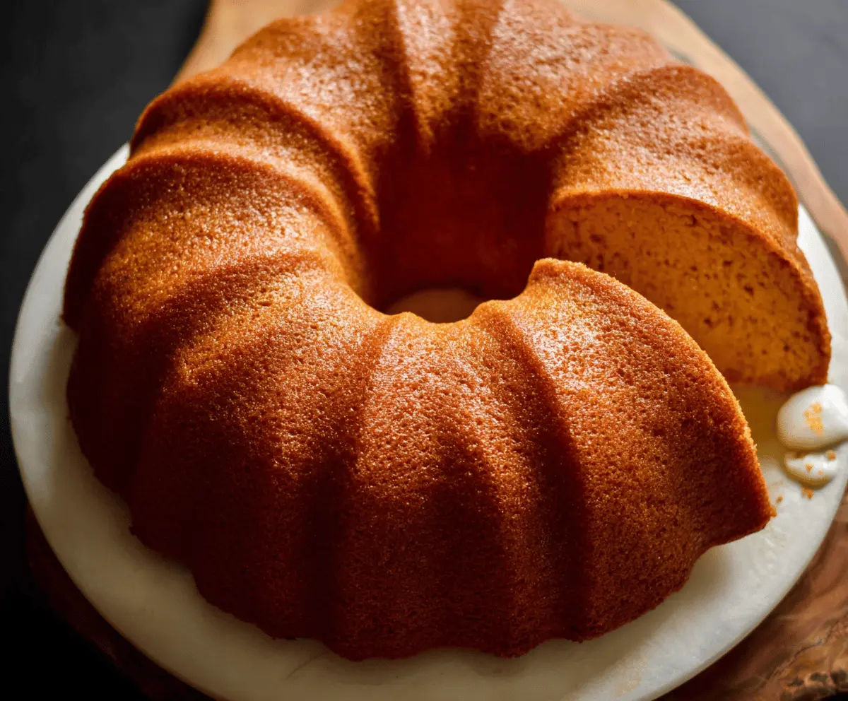 Delicious homemade sweet potato pound cake with a golden crust on a rustic plate.