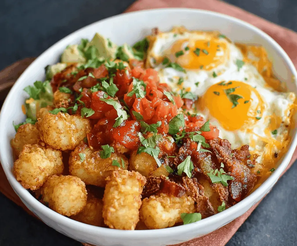 Delicious Tater Tot Breakfast Bowl topped with eggs and fresh herbs for a hearty morning meal