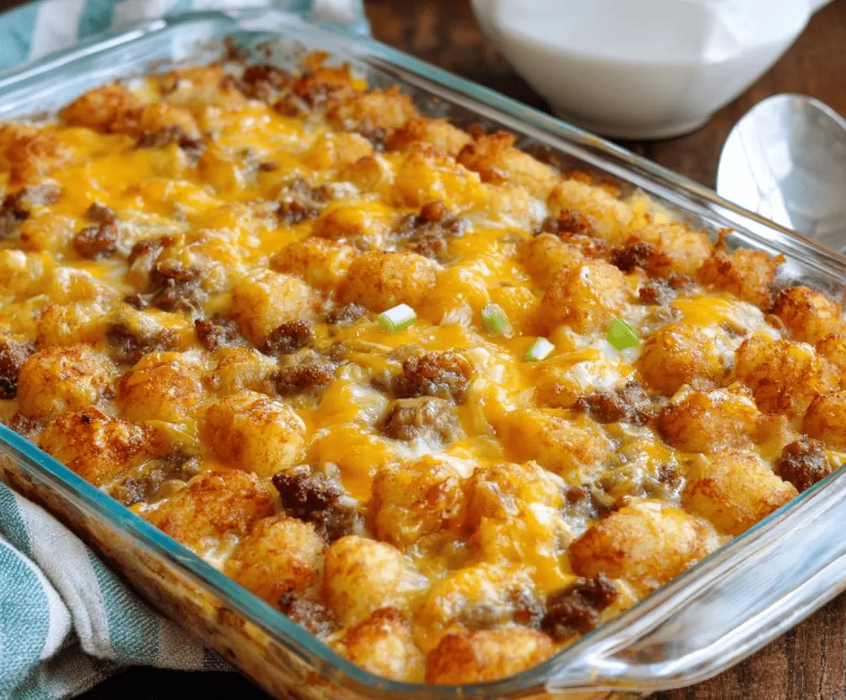 Delicious Tater Tot Sausage Breakfast Casserole in a baking dish with golden crispy Tater Tots, sausage, and melted cheese.