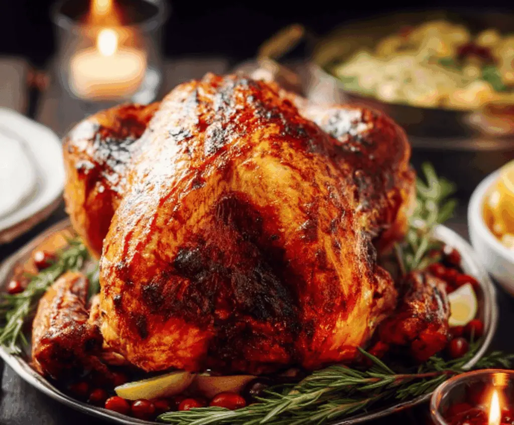 Golden roasted Thanksgiving turkey garnished with herbs on a festive holiday platter.