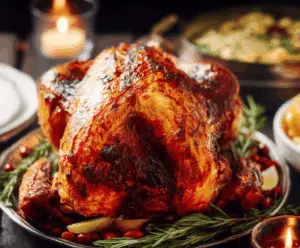 Golden roasted Thanksgiving turkey garnished with herbs on a festive holiday platter.