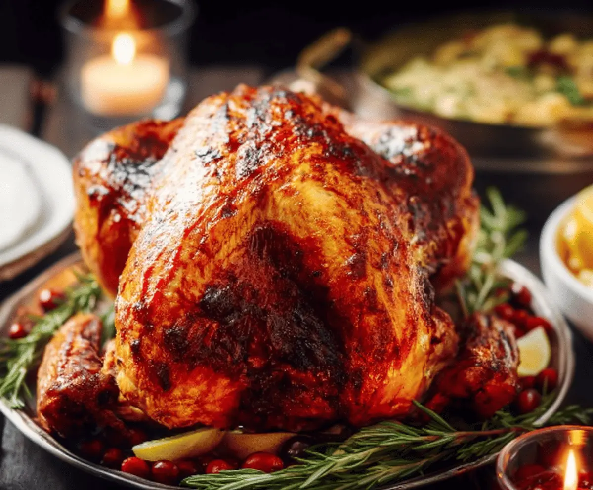 Golden roasted Thanksgiving turkey garnished with herbs on a festive holiday platter.