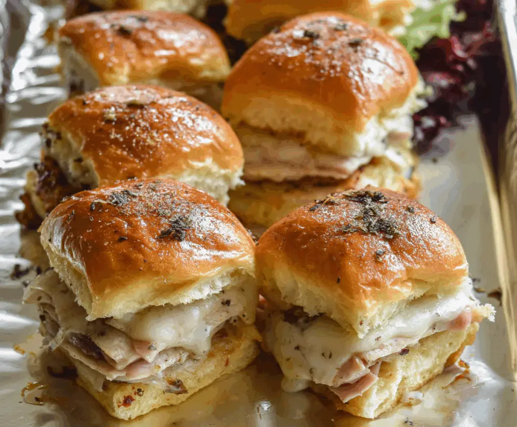Delicious turkey and Swiss sliders with melted cheese on a fresh bun, perfect for parties
