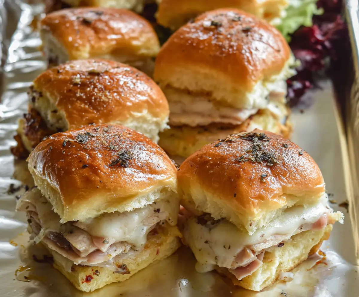 Delicious turkey and Swiss sliders with melted cheese on a fresh bun, perfect for parties