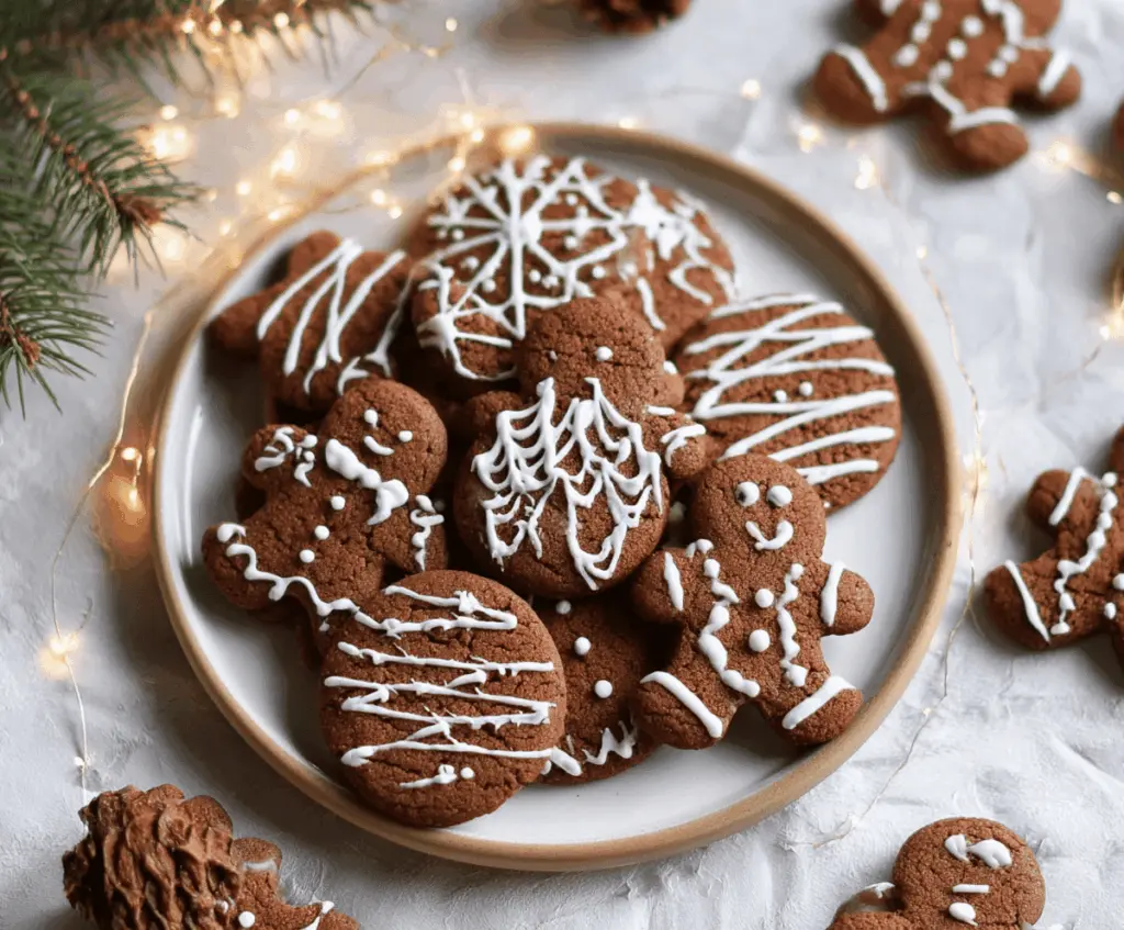 Vegan gingerbread cookies decorated with icing on a festive plate