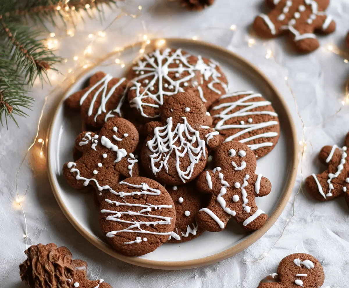 Vegan gingerbread cookies decorated with icing on a festive plate