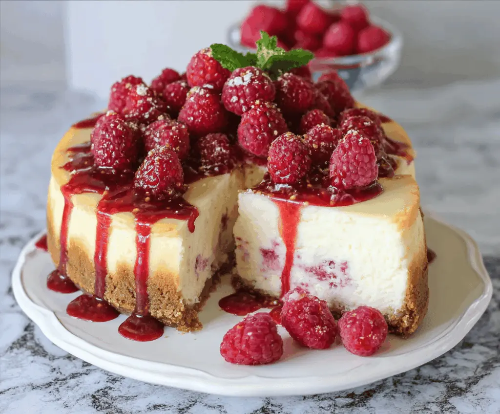 Delicious White Chocolate Raspberry Cheesecake topped with fresh raspberries and white chocolate shavings.