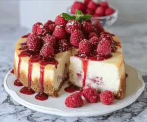 Delicious White Chocolate Raspberry Cheesecake topped with fresh raspberries and white chocolate shavings.