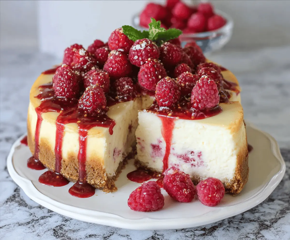 Delicious White Chocolate Raspberry Cheesecake topped with fresh raspberries and white chocolate shavings.