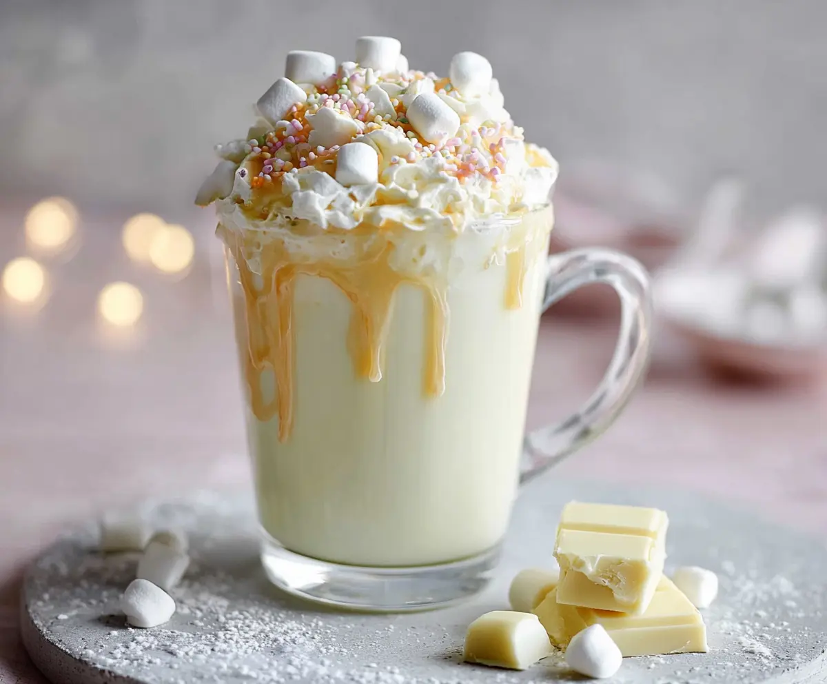Creamy white hot chocolate in a mug topped with whipped cream and cocoa powder, perfect for cozy winter evenings.