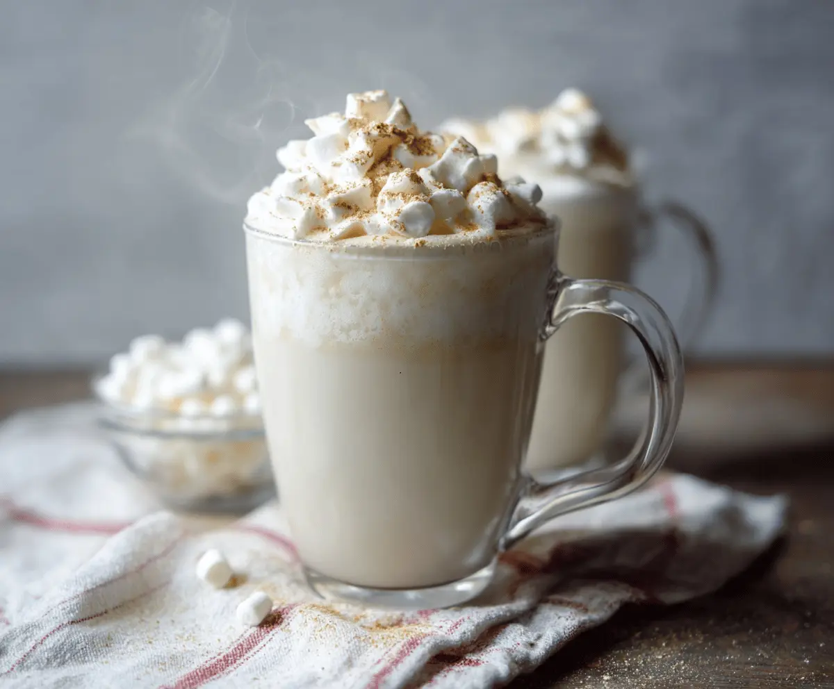 Creamy white hot chocolate topped with whipped cream and chocolate shavings in a cozy mug.