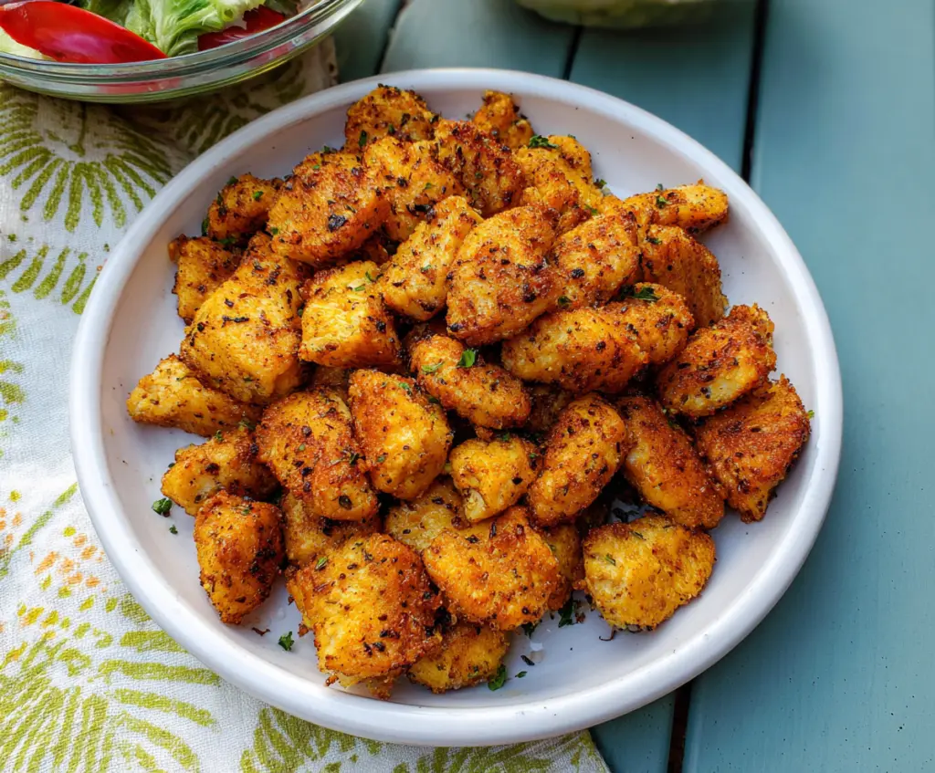 Crispy Air Fryer Chicken Bites served on a white plate with herbs.