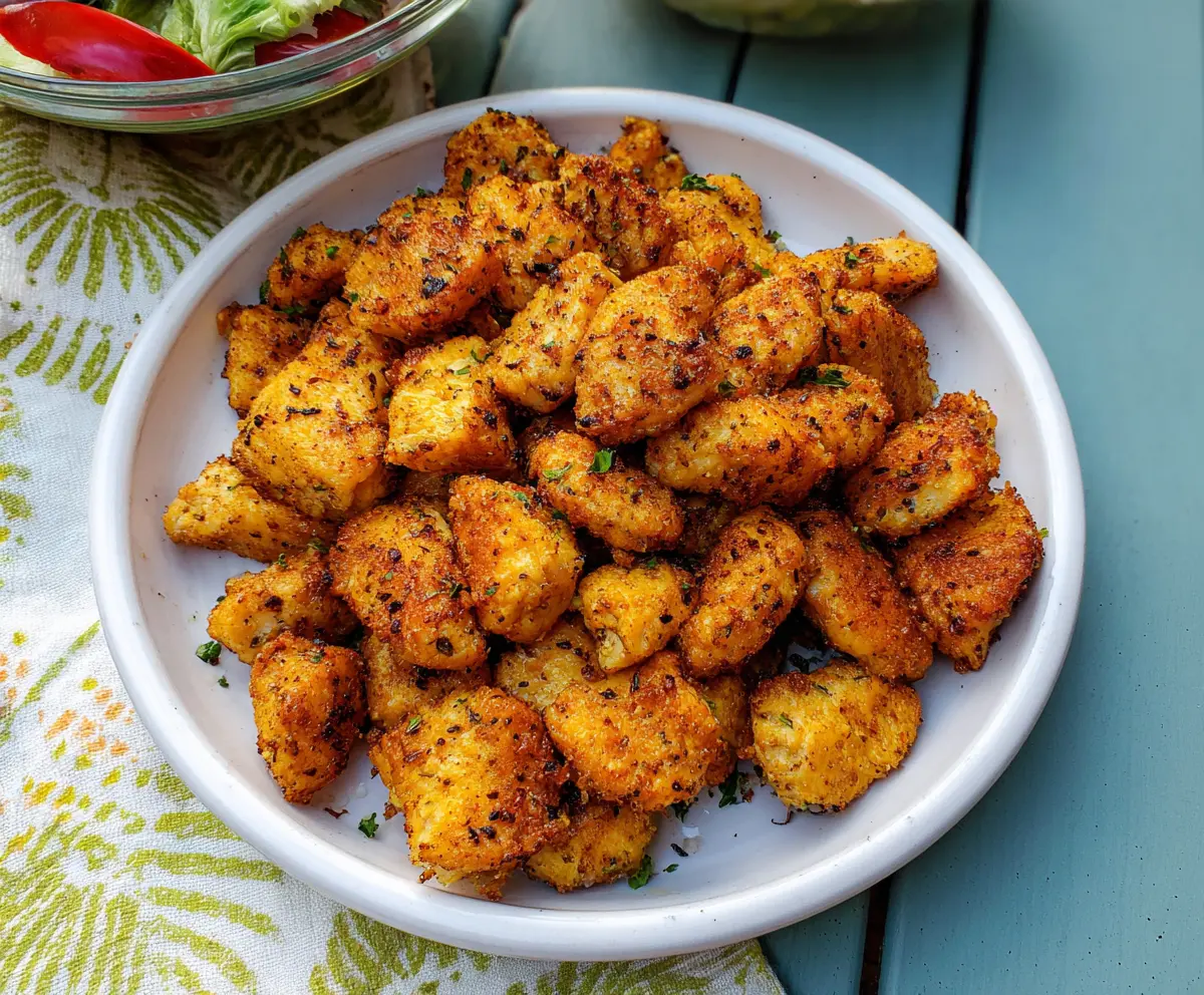 Crispy Air Fryer Chicken Bites served on a white plate with herbs.