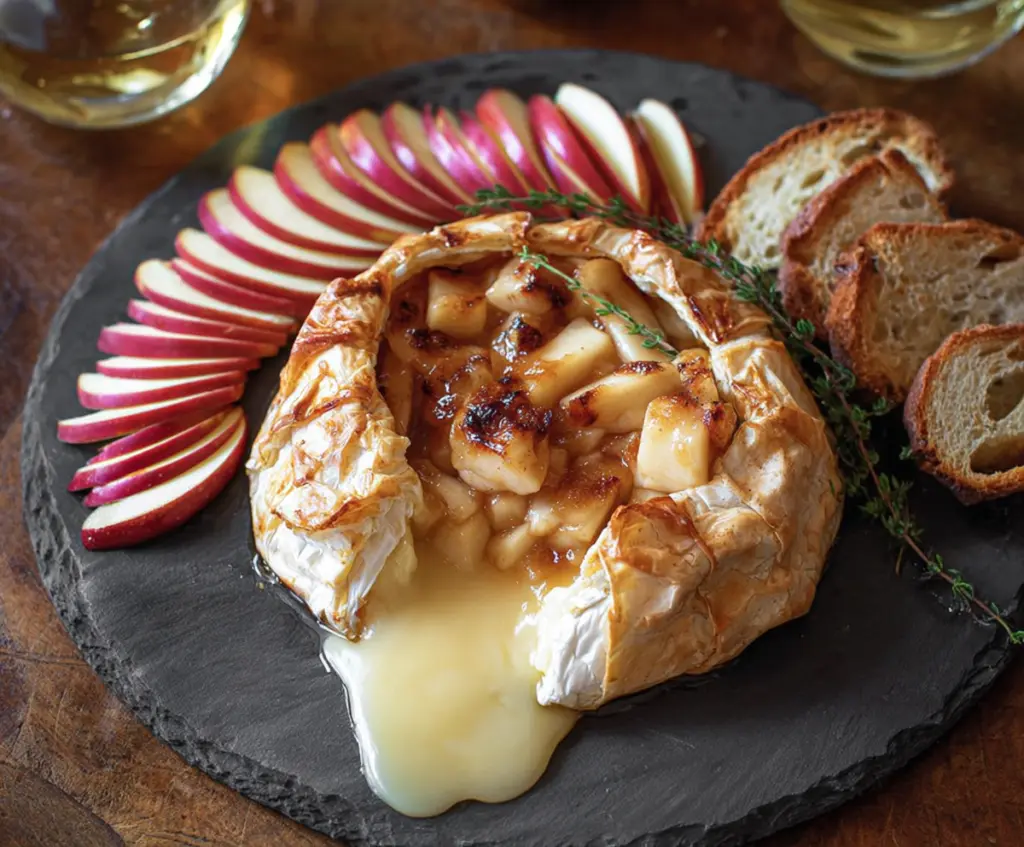 Delicious Apple Brie appetizer garnished with fresh herbs, perfect for entertaining.