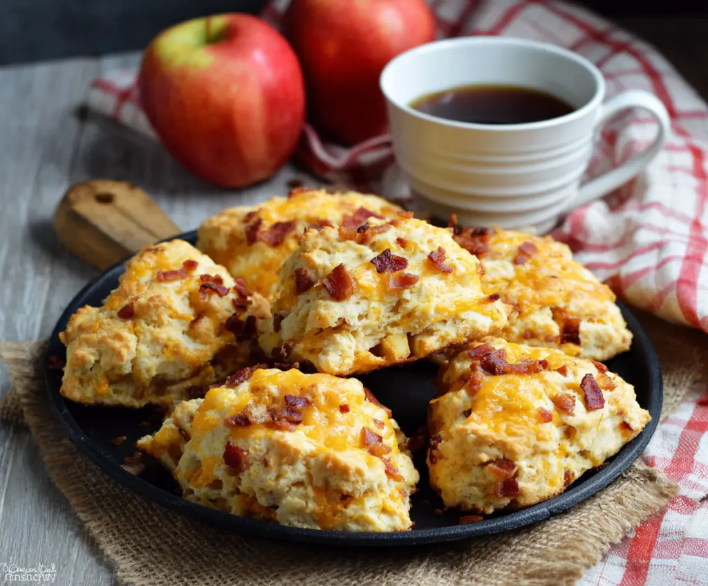 Delicious Apple Cheddar Bacon Scones on a rustic baking tray, perfect for breakfast or brunch.