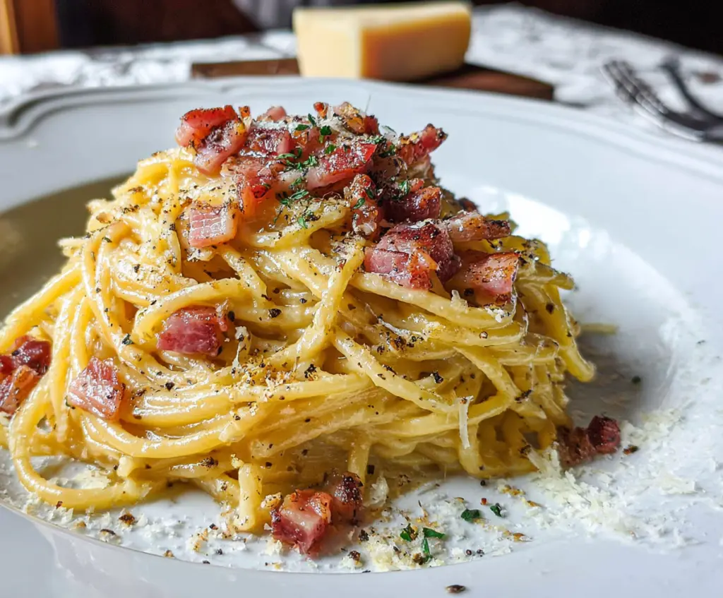 Delicious homemade Pasta Carbonara with creamy sauce and crispy pancetta on a rustic plate