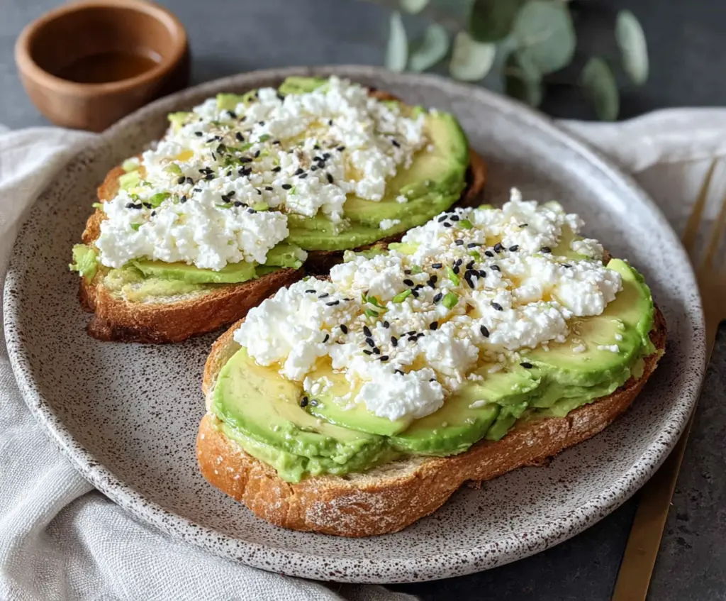 Delicious avocado toast topped with cottage cheese and a drizzle of honey for a healthy breakfast.