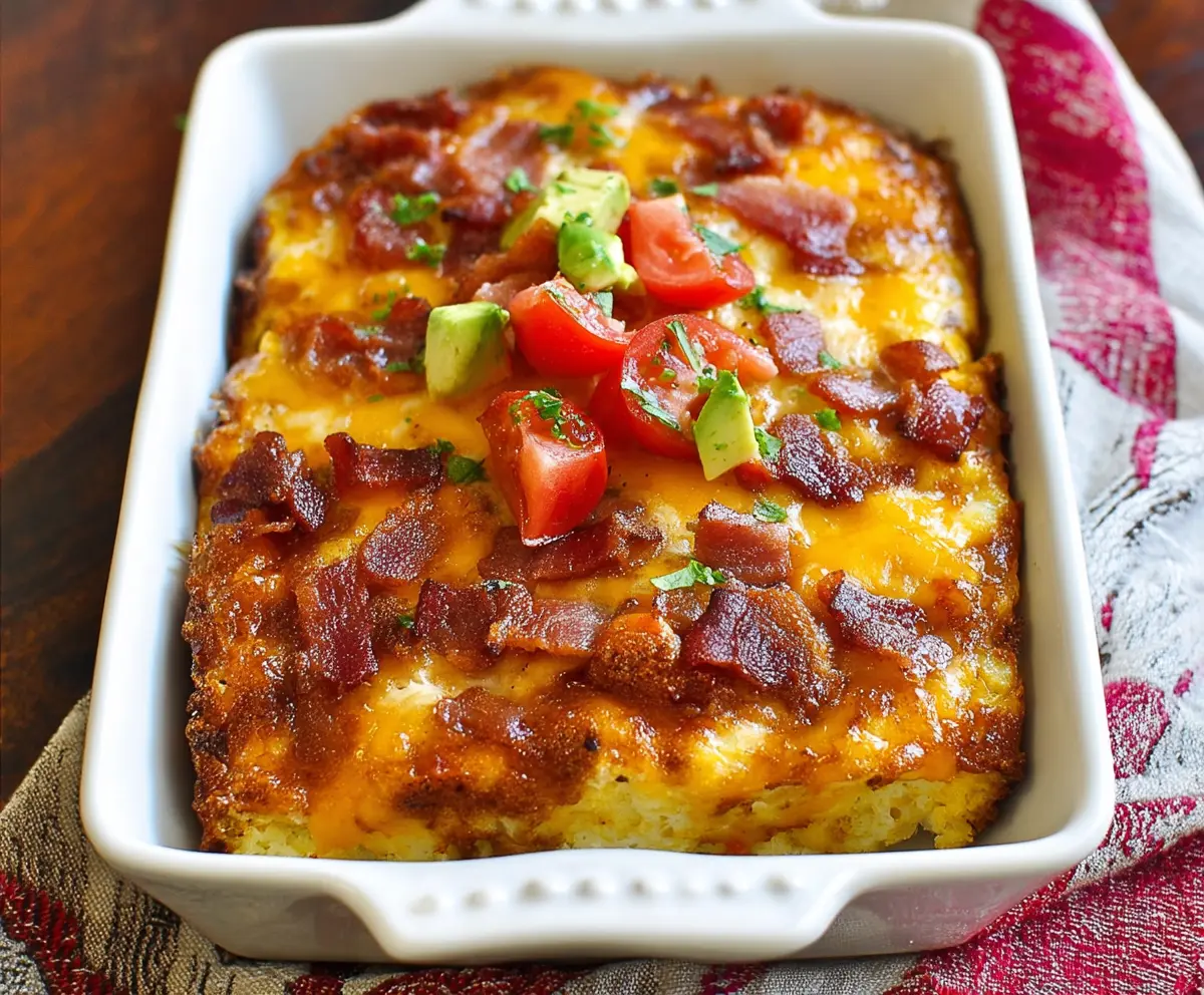Delicious bacon breakfast casserole with eggs, cheese, and savory ingredients perfect for morning brunch.