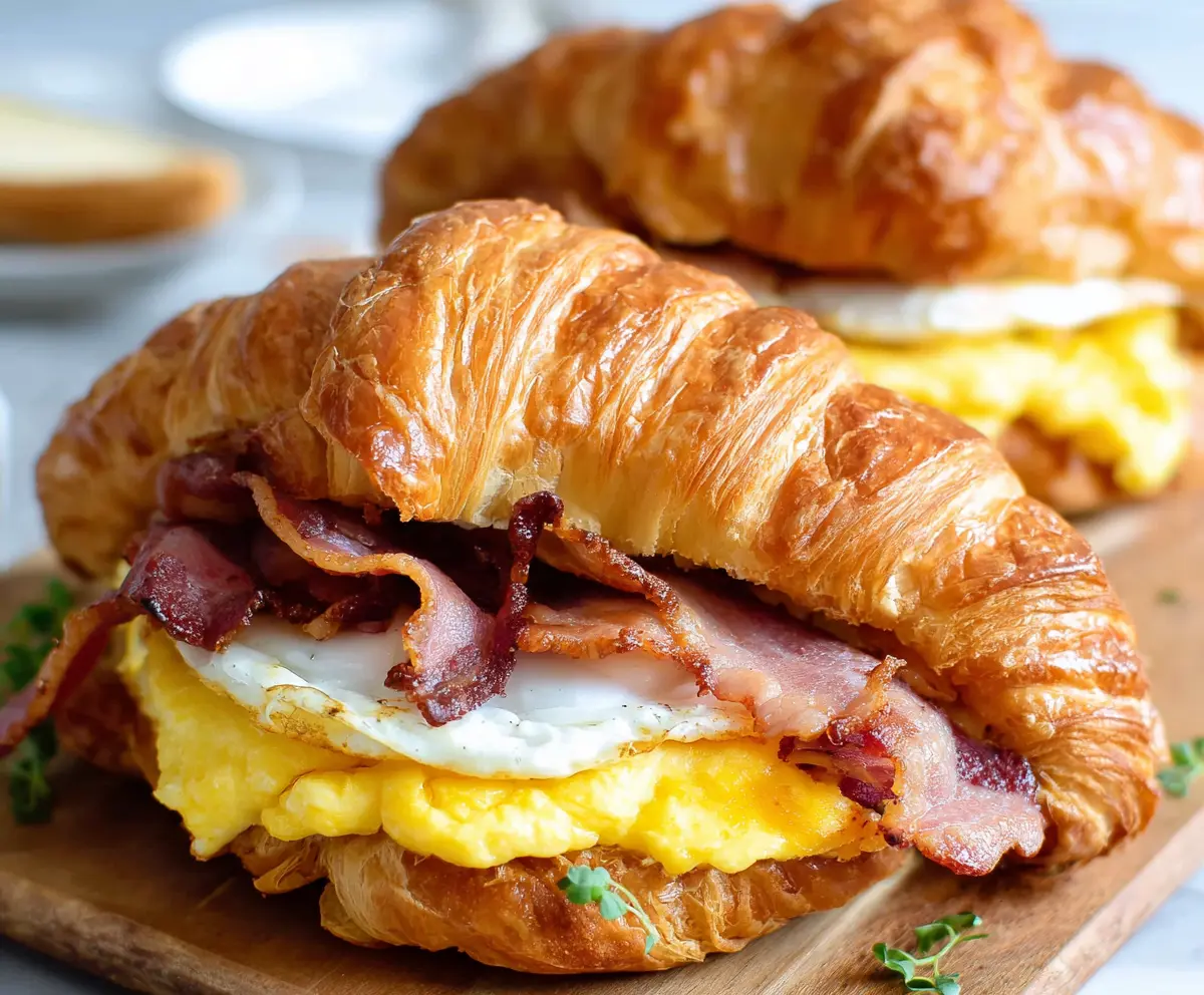 Savory bacon and fluffy egg croissant sandwich perfect for breakfast.