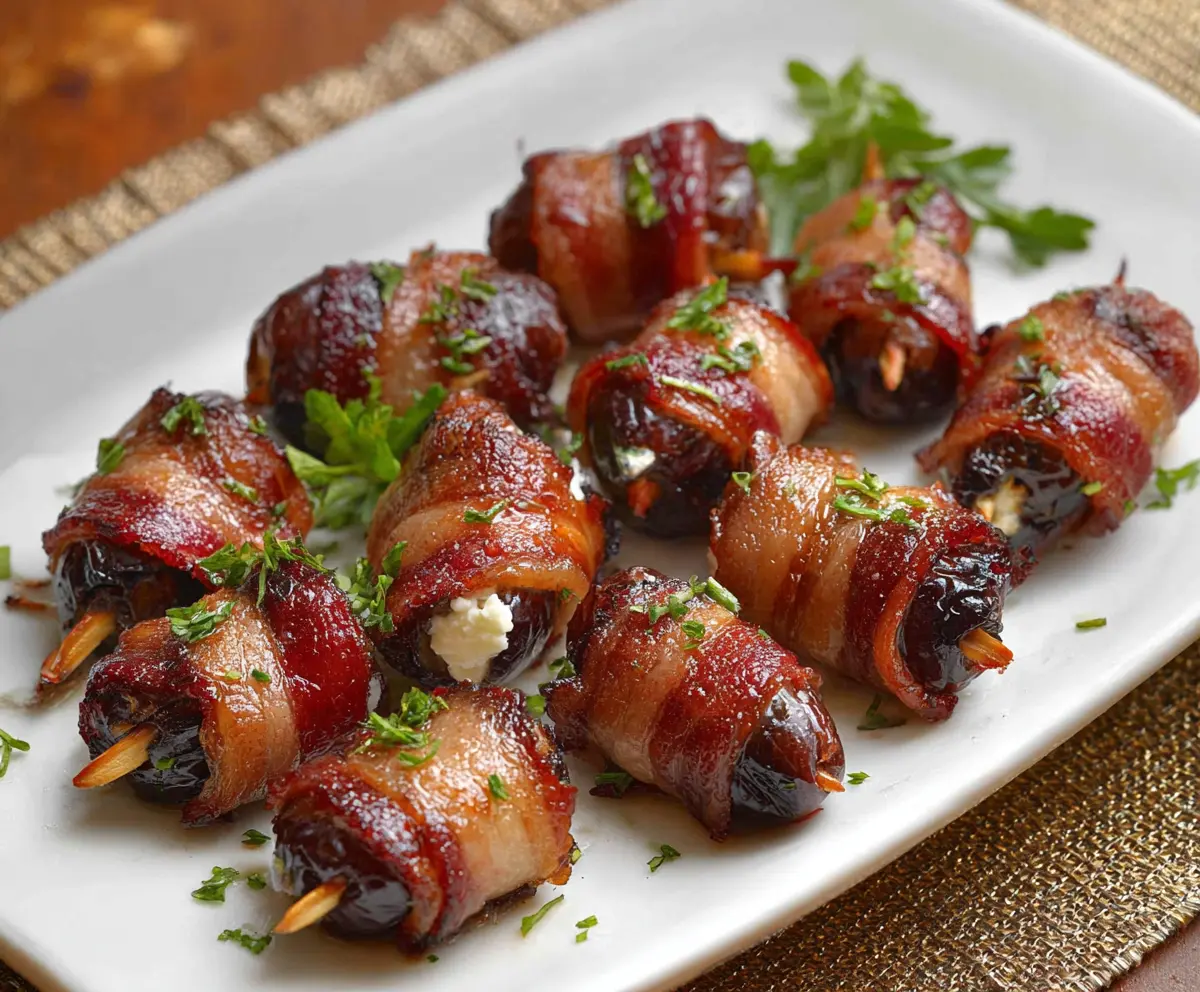 Delicious bacon-wrapped dates filled with creamy goat cheese, perfect appetizer for parties.