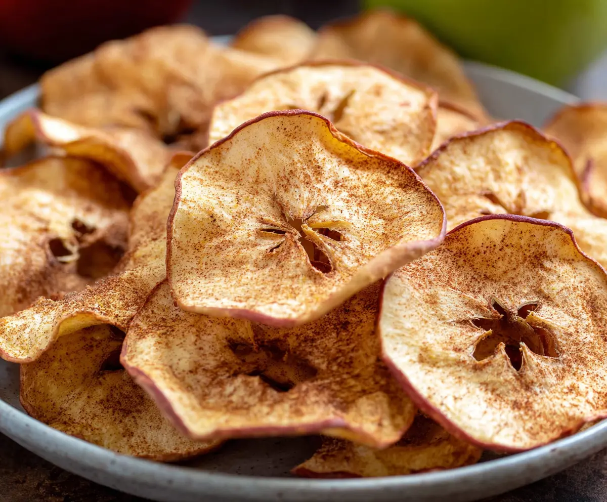 Crispy baked apple chips on a white plate, healthy snack option