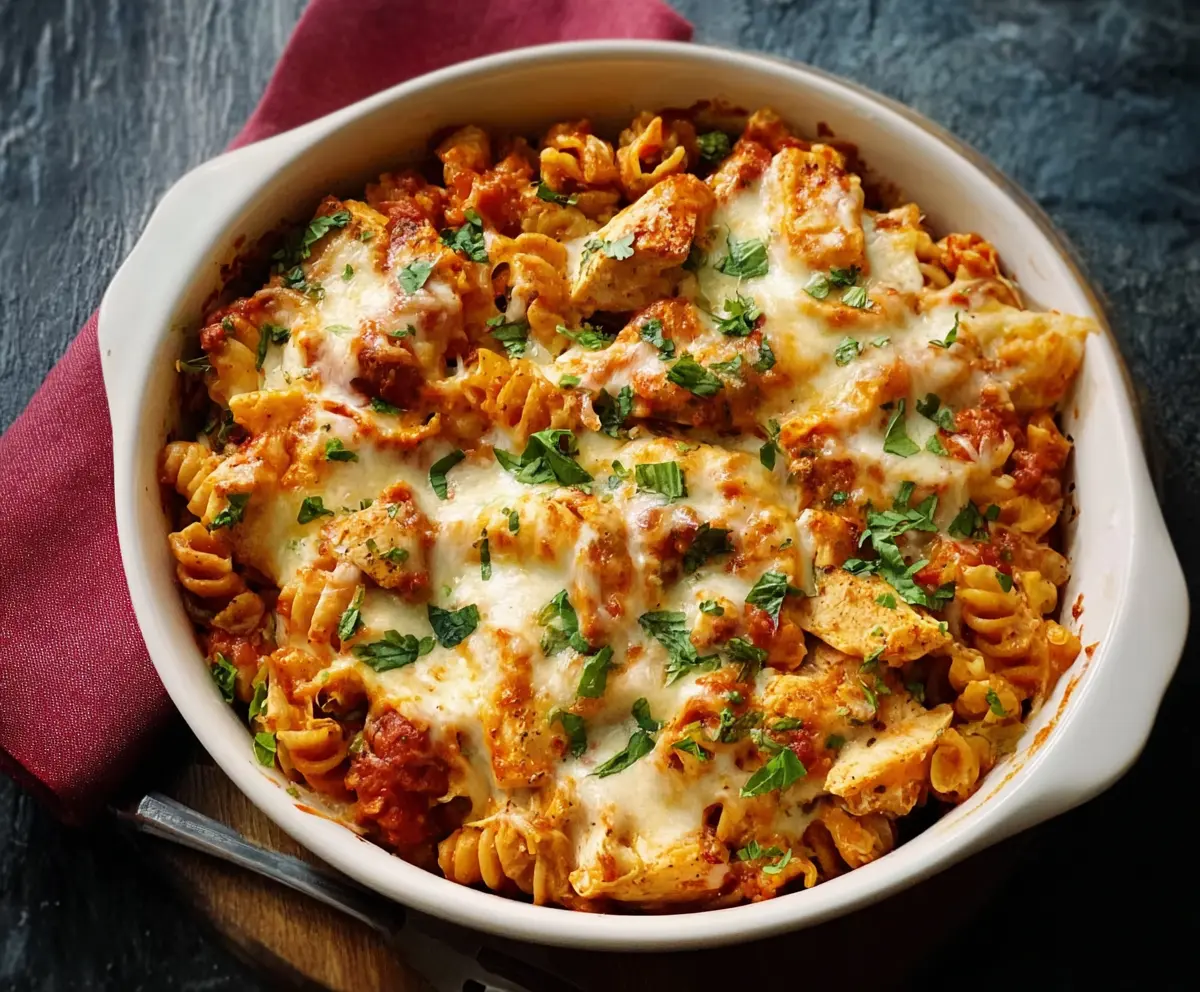 Delicious baked chicken mozzarella pasta with melted cheese and fresh herbs on top.