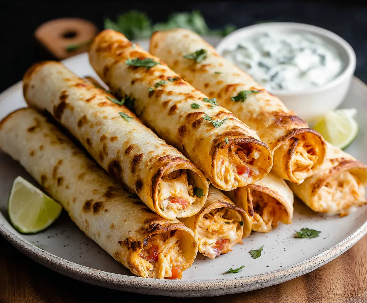 Delicious baked chicken taquitos with crispy golden shells served on a plate.