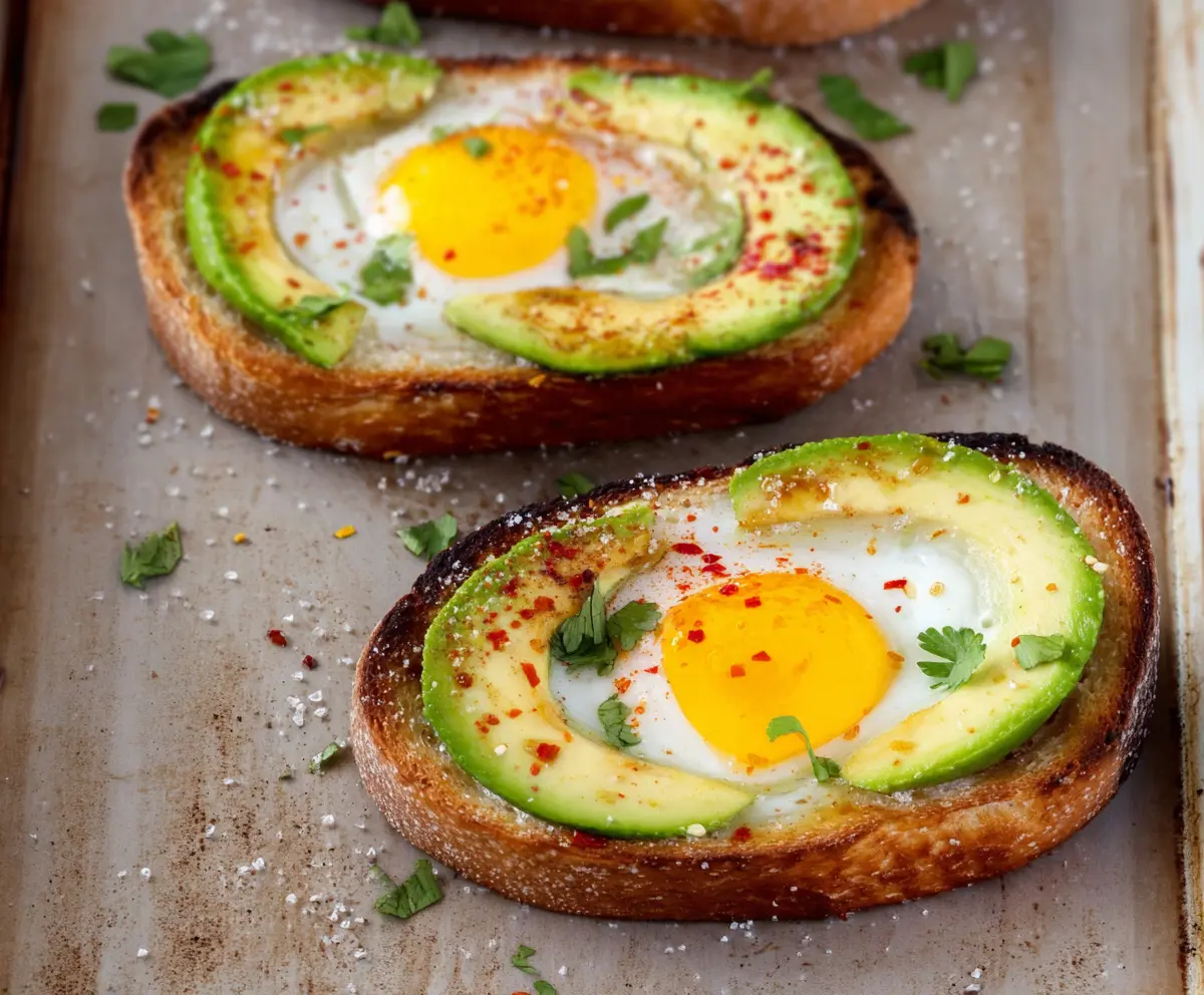 Savory baked egg and mashed avocado on toasted bread for healthy breakfast.
