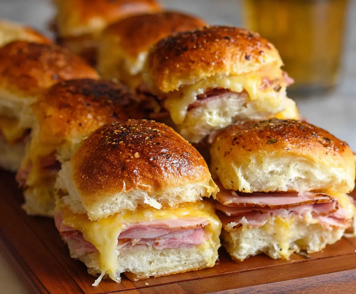 Delicious baked ham and cheese sliders fresh out of the oven, perfect for a quick snack or party appetizer.