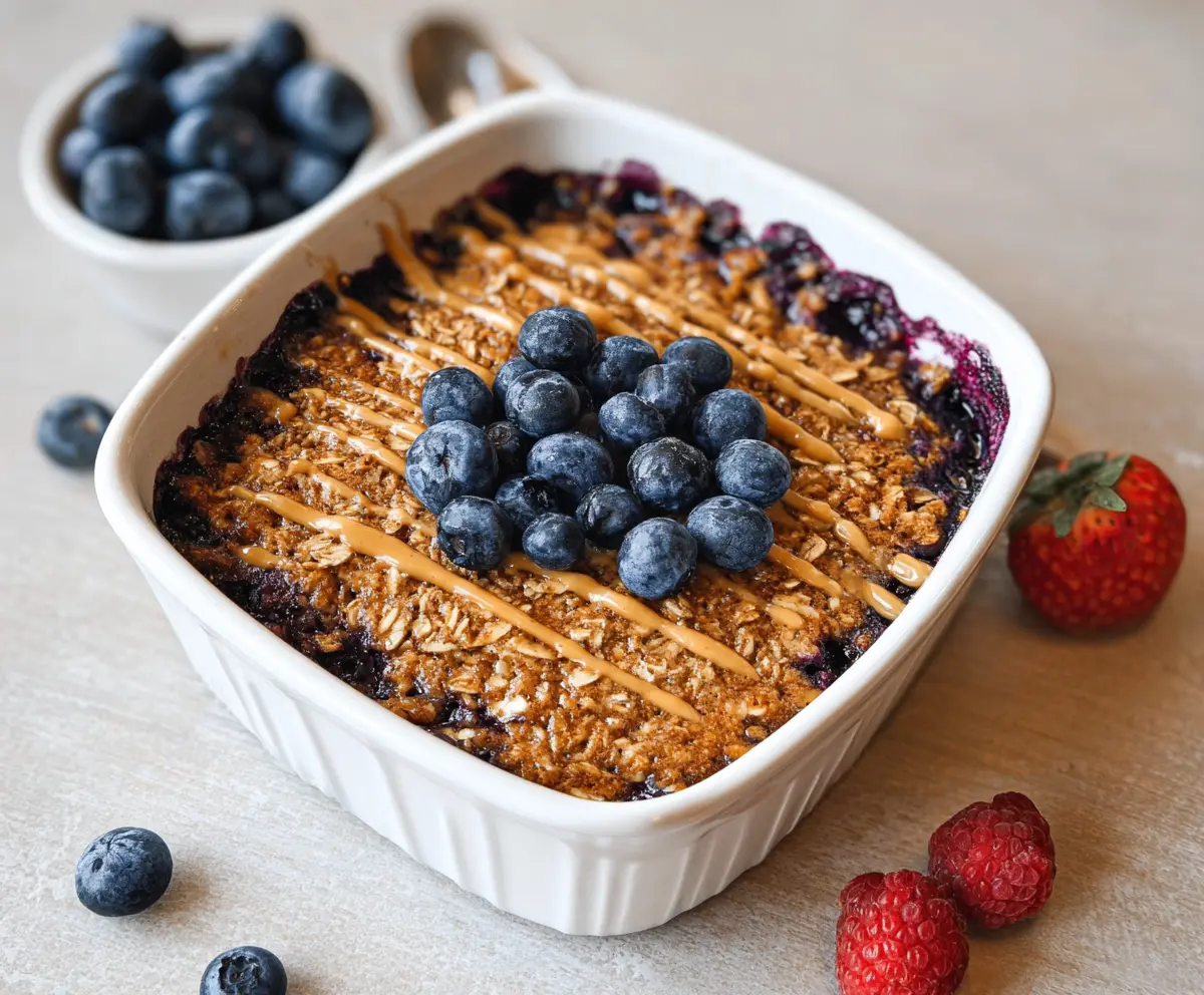 Delicious baked protein oatmeal in a bowl, showcasing a healthy breakfast option with oats, fruits, and nuts.