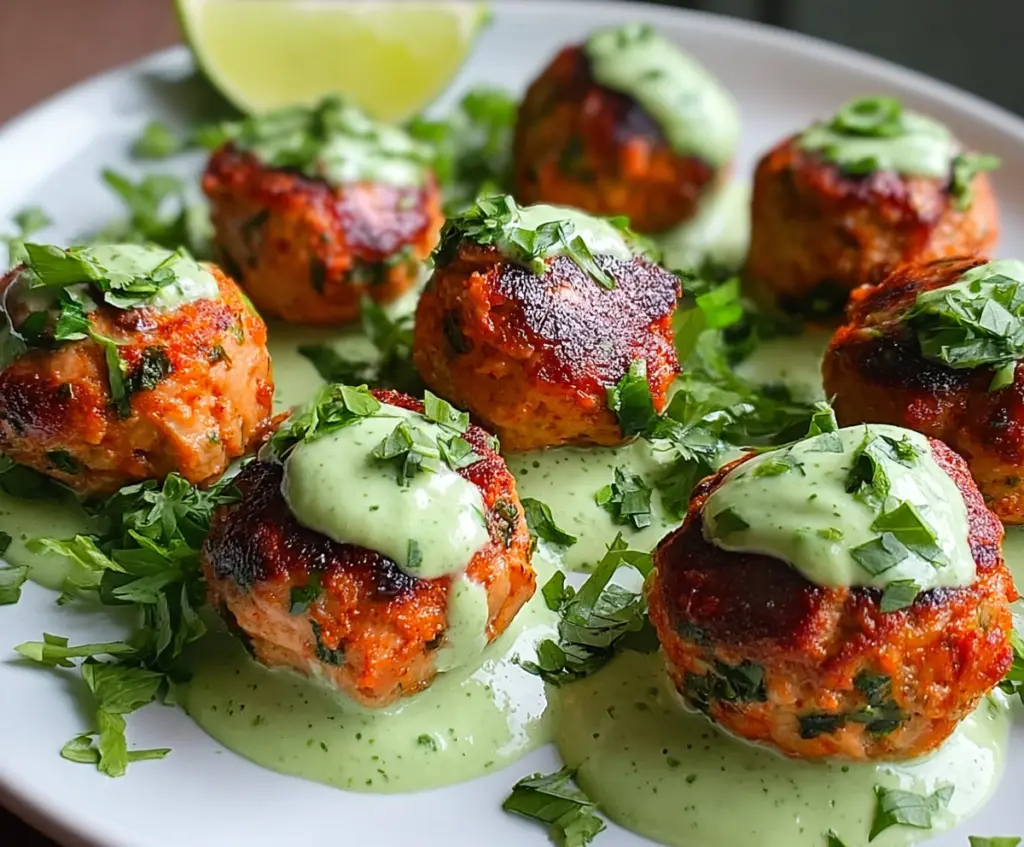 Delicious baked salmon meatballs topped with a creamy tangy avocado sauce, perfect for a healthy meal.