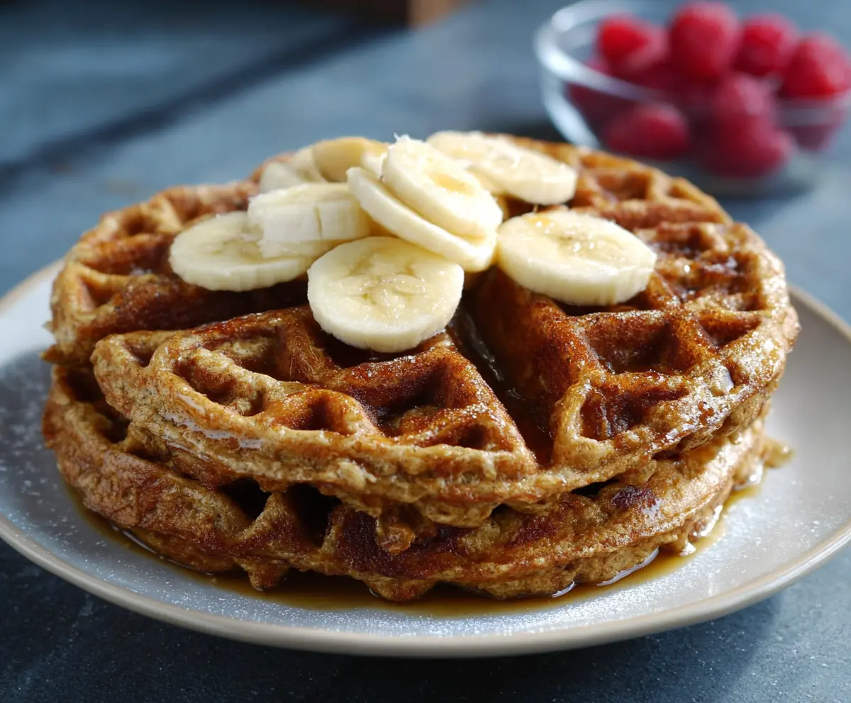 Golden Banana Oatmeal Waffles topped with sliced bananas and syrup, perfect for a healthy breakfast.