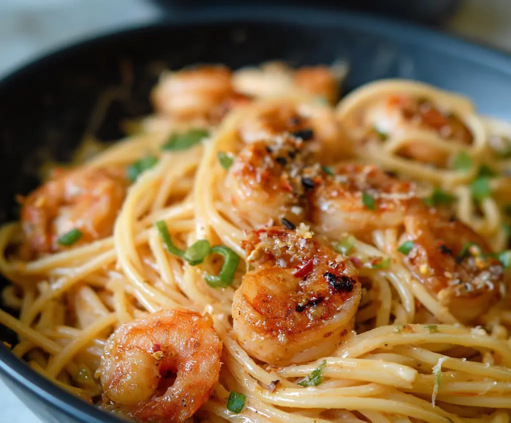 Delicious Bang Bang Shrimp Pasta with creamy spicy sauce and tender shrimp on a plate.
