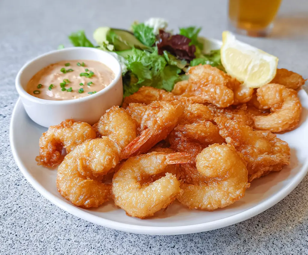 Crispy beer batter fried shrimp served with lemon and dipping sauce on a white plate.