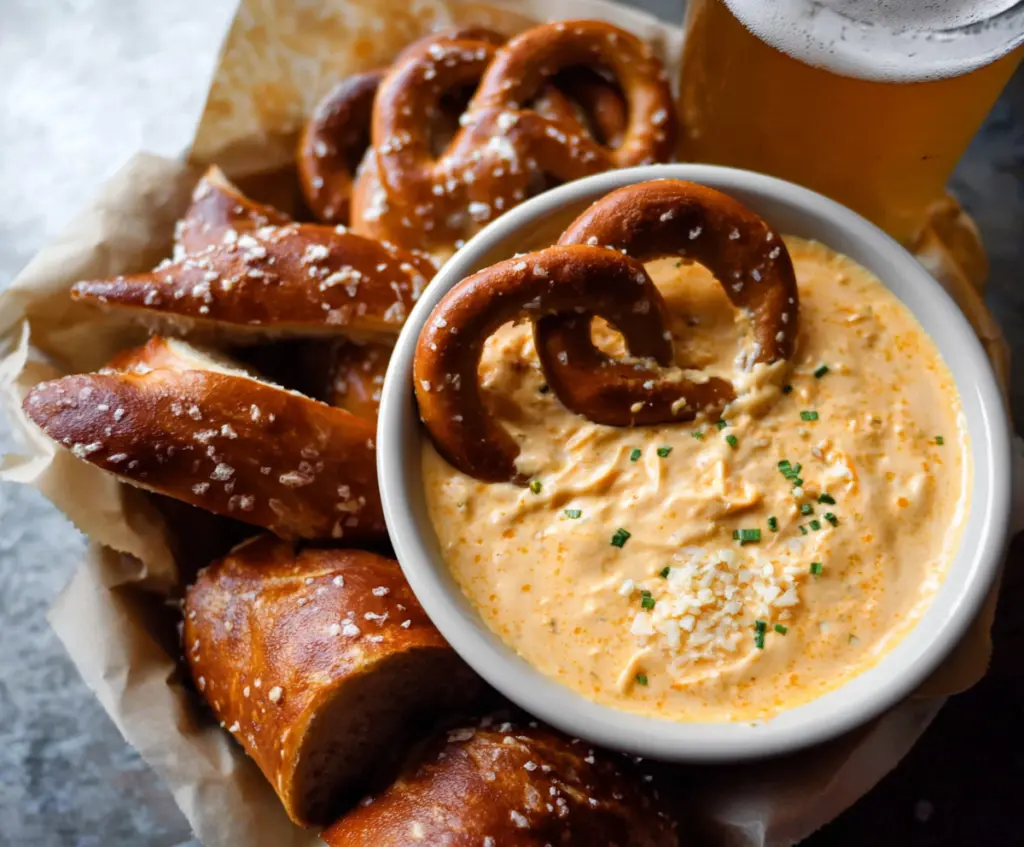 Creamy beer cheese dip served with pretzels and crackers, perfect for snacking.