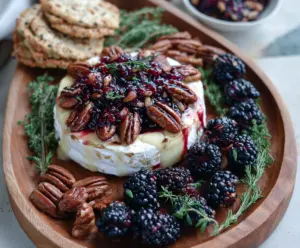 Delicious Blackberry Compote with Spicy Pecan Baked Brie on a serving platter.