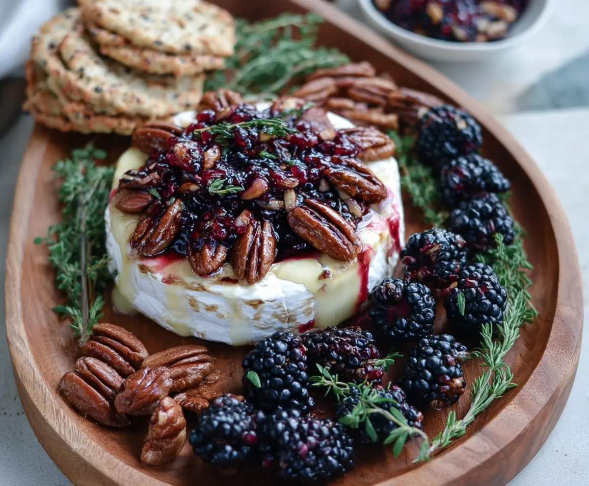 Delicious Blackberry Compote with Spicy Pecan Baked Brie on a serving platter.
