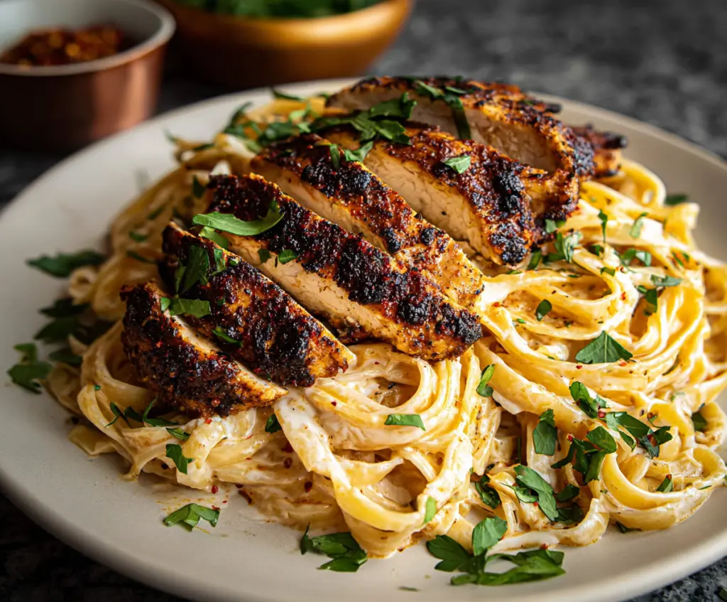 Creamy blackened chicken pasta dish with perfectly seasoned grilled chicken and pasta in a delicious sauce.