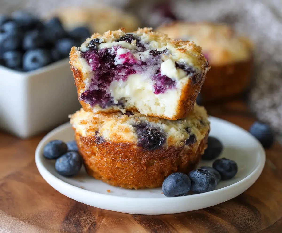 Delicious Blueberry Cream Cheese Protein Muffins fresh out of the oven with blueberries and creamy topping.