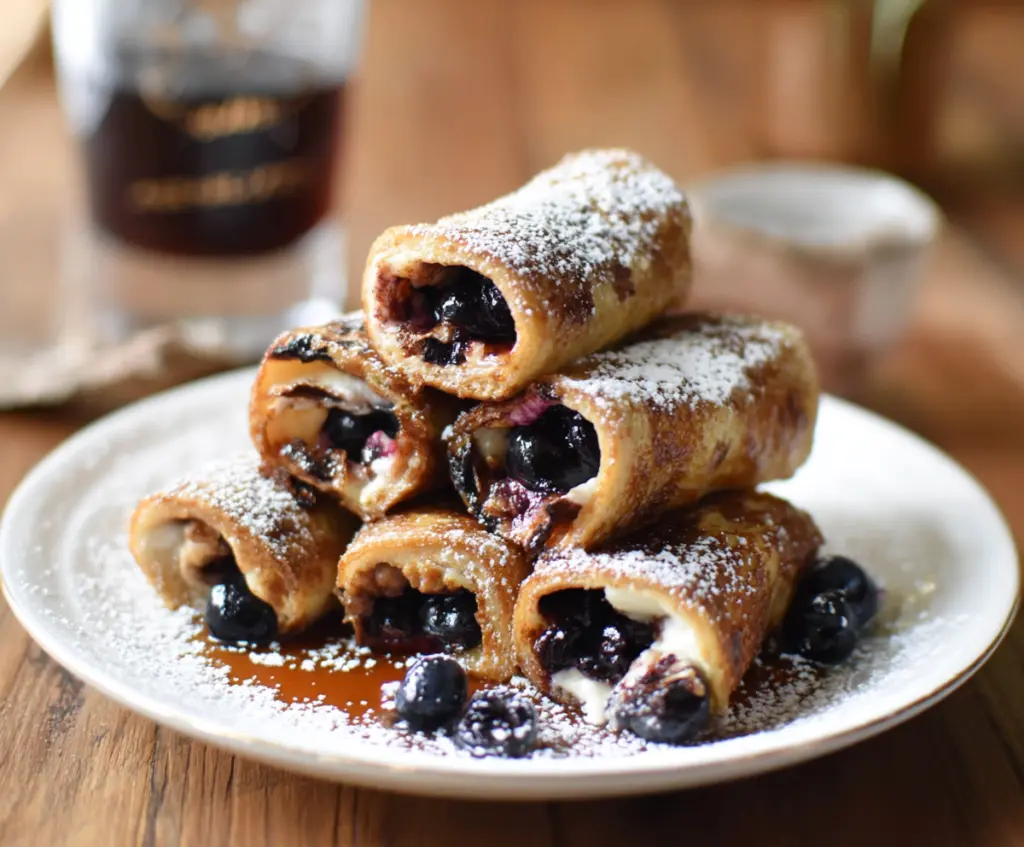 Delicious blueberry French toast roll ups topped with fresh blueberries and powdered sugar on a white plate.