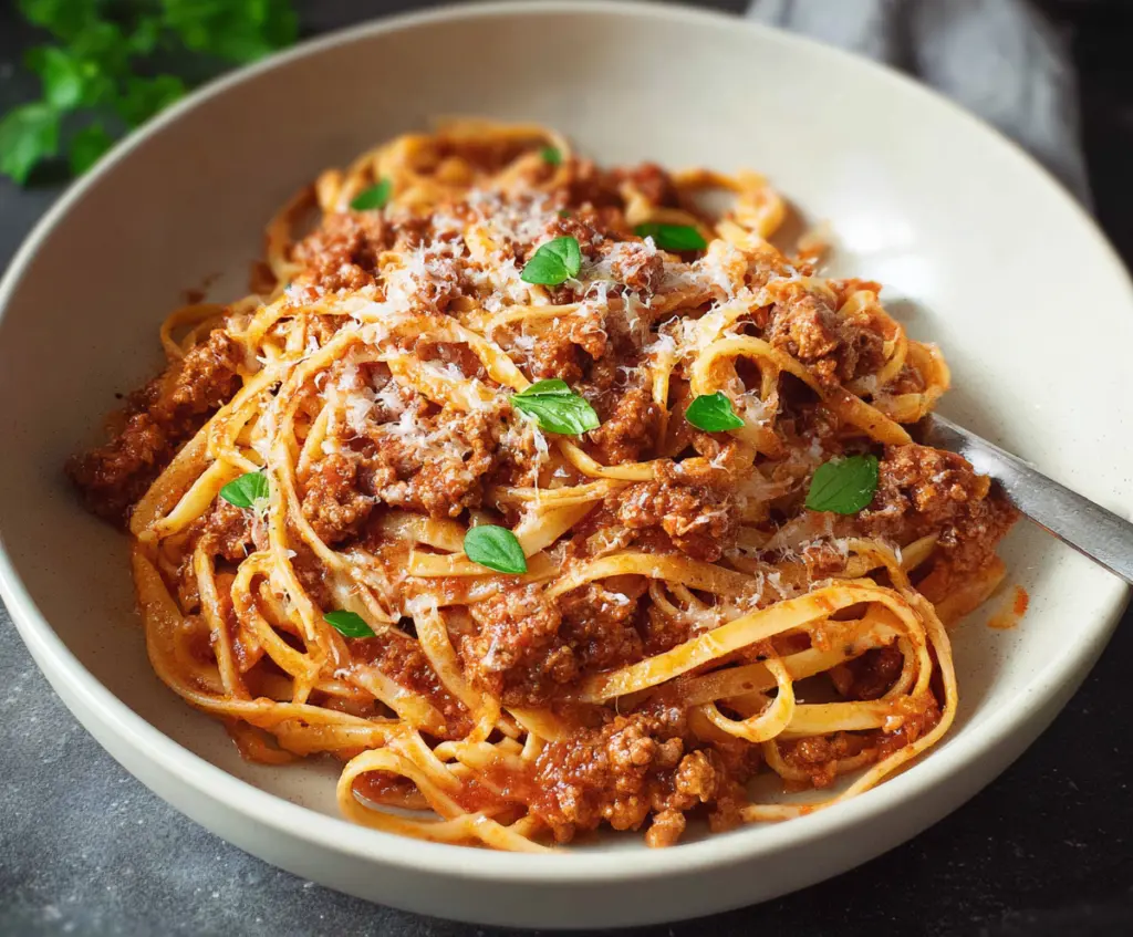 Delicious homemade Bolognese pasta with rich meat sauce served on a plate.