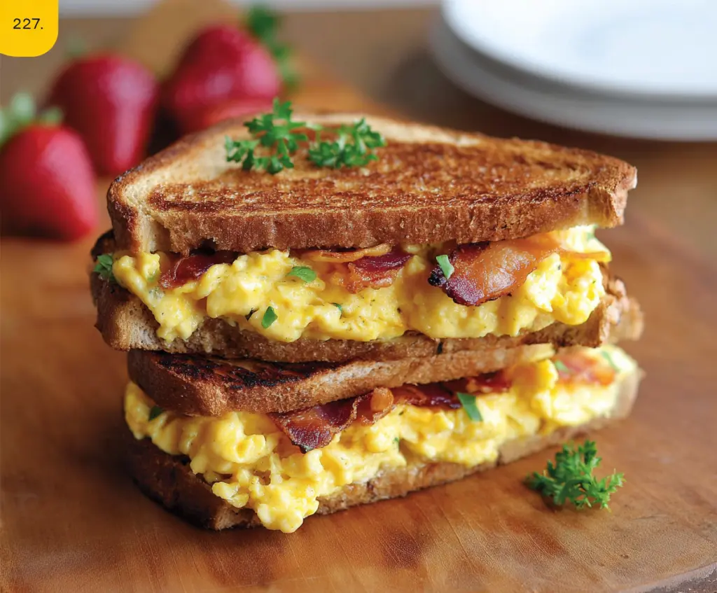 Delicious breakfast grilled cheese sandwich with scrambled eggs, crispy bacon, and melted cheese.