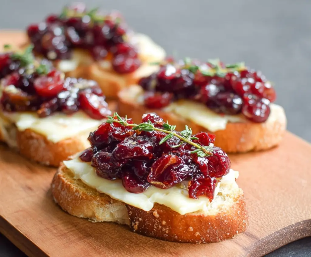 Delicious Brie and Cranberry Crostini served on a rustic wooden platter, perfect for appetizers.