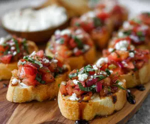Delicious Bruschetta Bites with fresh tomatoes, basil, and crispy bread for appetizer or snack.