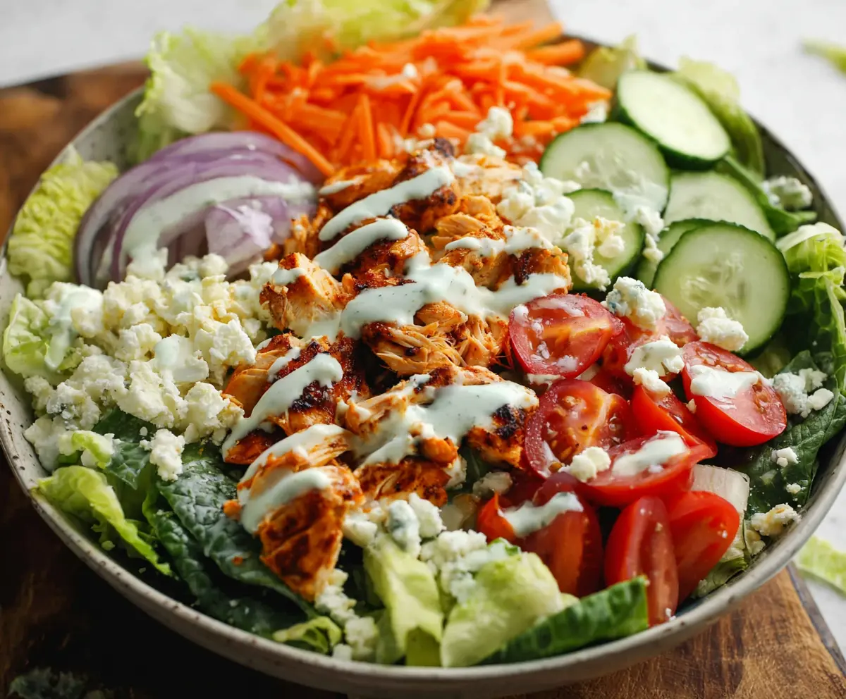 Creamy buffalo chicken salad with fresh greens and a tangy dressing, perfect for a quick lunch or dinner.