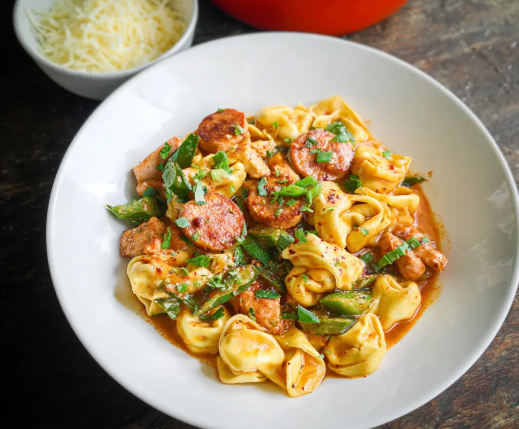Delicious Cajun Chicken Tortellini with spicy seasoning and creamy sauce on a plate.